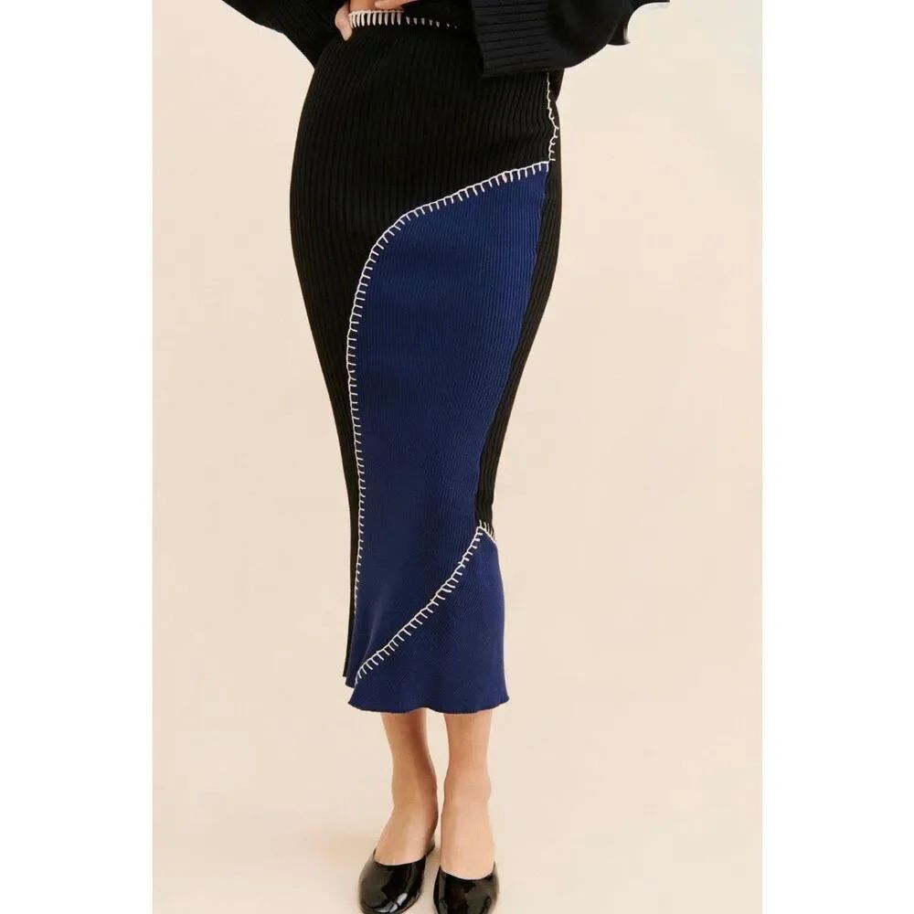 Another Girl Size M Ribbed Knit Midi Skirt midi Black Blue Colorblock Contrast S